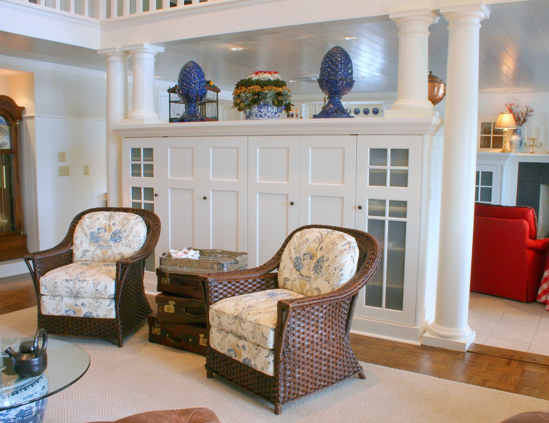 Built-in entertainment cabinetry with pocket doors, built by Trillium for the Clearwater project