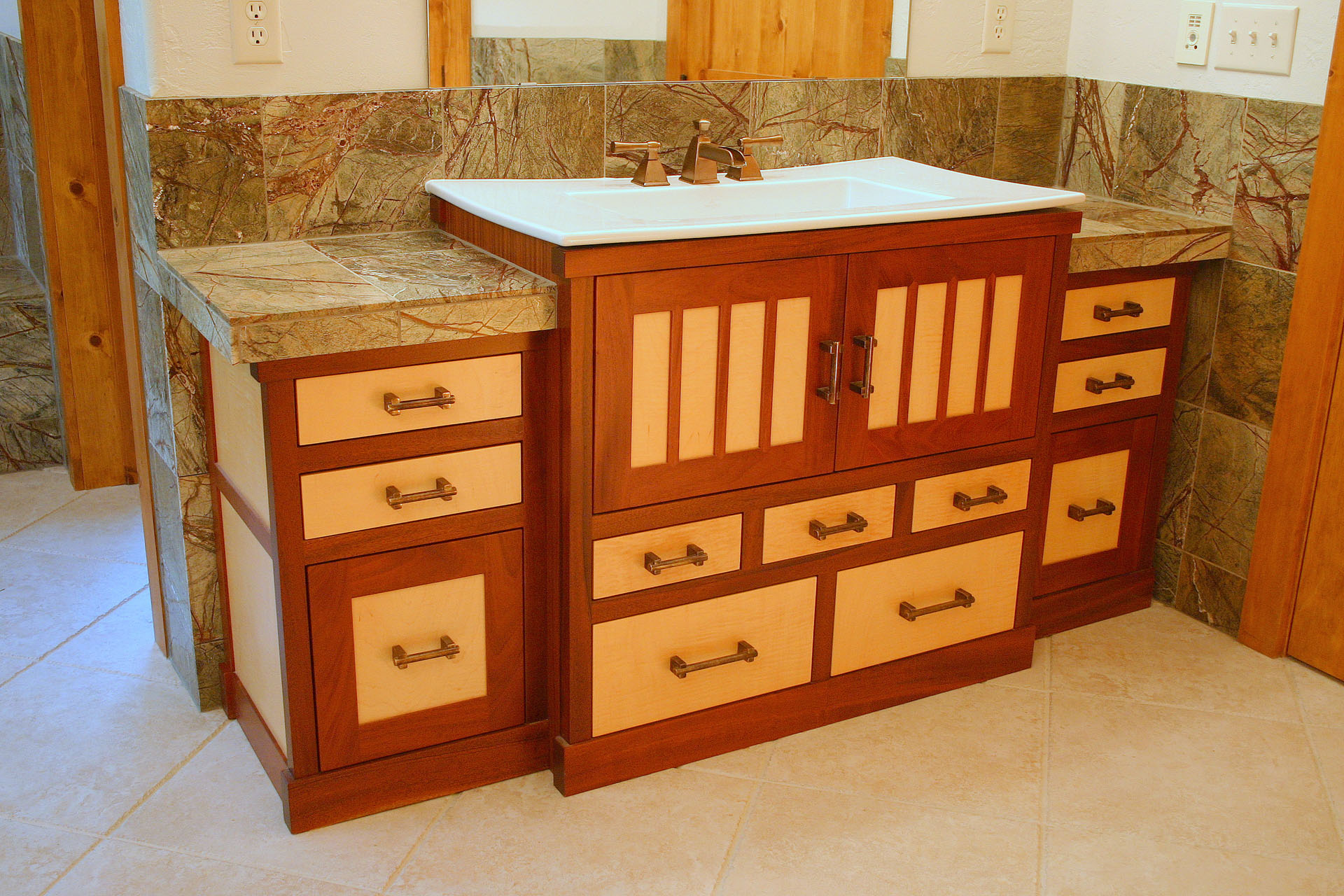 Bath vanity in mahogany and curly maple, built by Trillium for the Willow Lodge project